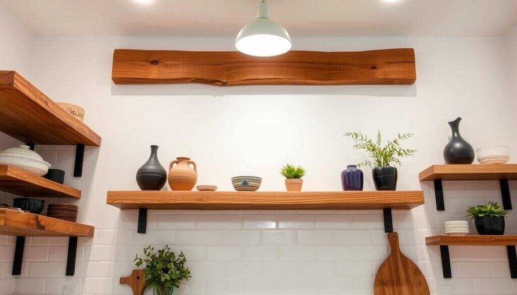 Rustic wood shelves in a bright, airy kitchen. Warm-toned natural oak boards with visible knots and grain, expertly crafted by The Sawdust Man. Floating shelves mounted on white wall, displaying pottery, plants, and other home accents. Soft, even lighting from overhead fixtures casts gentle shadows, highlighting the textured wood. Shallow depth of field blurs background, keeping focus on the beautiful, handmade shelving. Cozy, inviting atmosphere that elevates the simple kitchen design.
