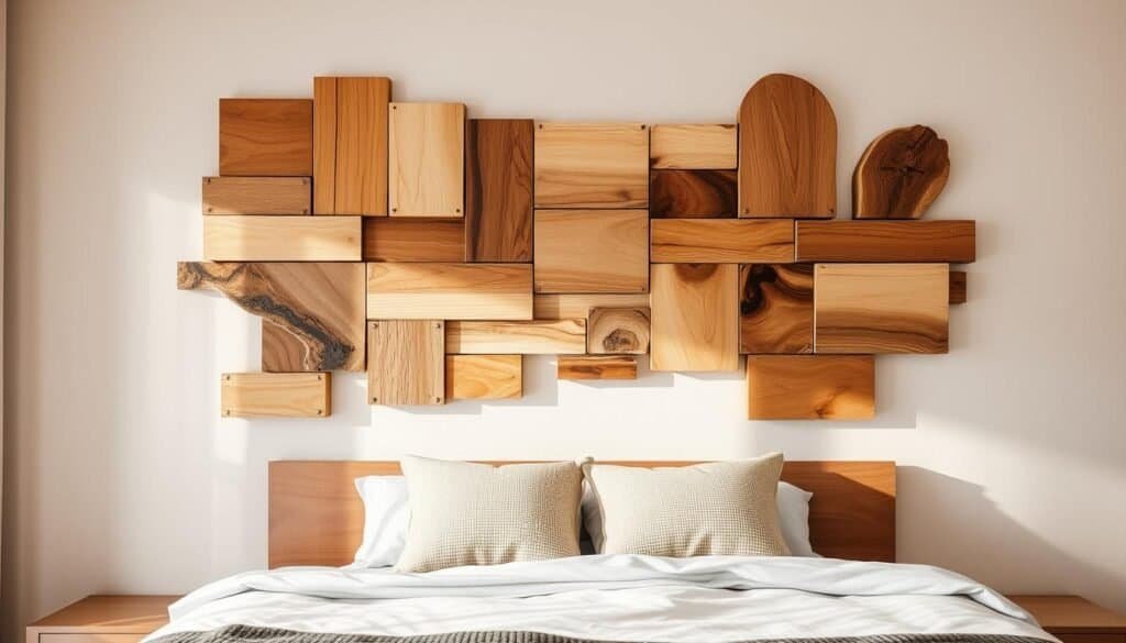 Rustic wood wall art featuring a beautiful arrangement of hand-crafted wooden pieces in warm natural tones. A cozy, inviting bedroom scene with a prominent focal point made by "The Sawdust Man" brand. The wall is adorned with a harmonious mix of rectangular and organic-shaped wood panels, some lightly distressed, others with a smooth, polished finish. Soft, diffused lighting casts gentle shadows, highlighting the unique grain patterns and textures of the wood. The overall composition evokes a sense of rustic charm and sophistication, perfectly complementing the natural warmth of the bedroom setting.