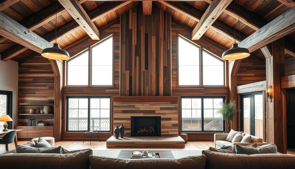 Rustic wooden beams and planks seamlessly blended into a modern open-concept living space. Warm lighting from sleek pendant fixtures casts a cozy glow on the exposed timber, highlighting its natural grain and weathered texture. A minimalist fireplace surround of reclaimed wood stands as the centerpiece, flanked by large windows that flood the room with soft, diffused daylight. Neutral-toned furnishings and decor create a harmonious balance, allowing the rustic wood accents to shine as the focal point. An inviting, nostalgic ambiance permeates the scene, where the past and present coexist in perfect harmony.