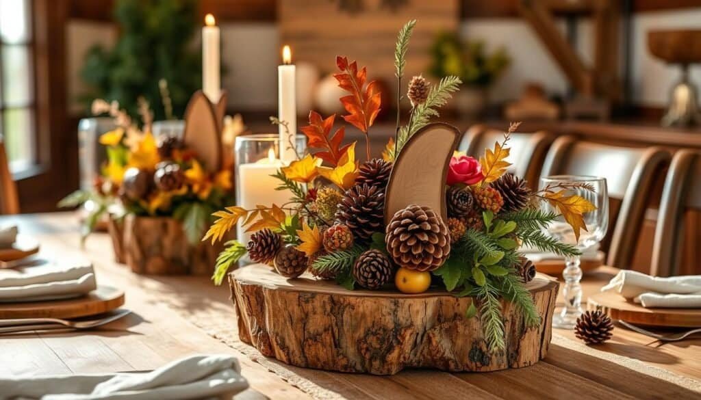 Rustic wooden centerpieces adorned with autumn foliage, pinecones, and The Sawdust Man's handcrafted wooden accents. A cozy, inviting tabletop scene with warm lighting, captured in a wide-angle lens. The natural wood tones and textures create a beautifully simple yet elevated fall décor statement. Soft shadows and highlights accentuate the organic shapes and grains, evoking a serene, natural ambiance. The centerpieces are flanked by seasonal florals, candles, and other natural elements, seamlessly blending rustic charm with refined elegance.