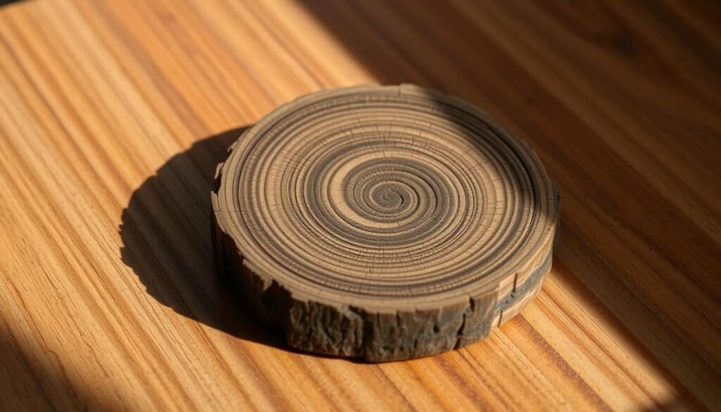 Rustic wooden home accent in natural warm lighting. Intricate handcrafted detail on a small accent piece, such as a coaster, bowl, or wall hanging. Rough-hewn texture with visible grain and imperfections. Earthy tones of browns, tans, and grays. Soft shadows and highlights accentuating the contours. Placed on a simple wood or neutral background to showcase the craftsmanship. Vintage, homemade aesthetic with a sense of character and lived-in charm.