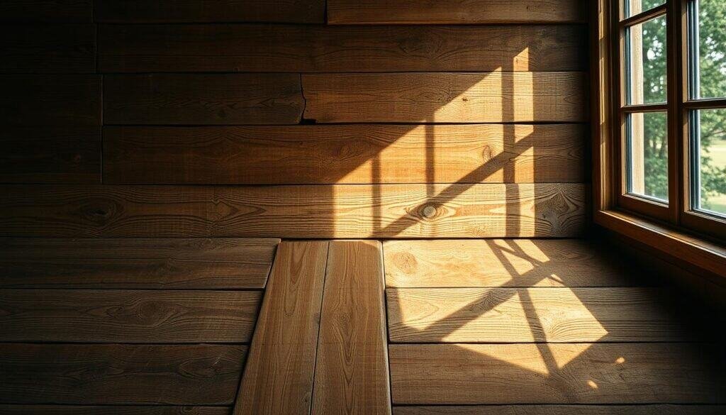 Rustic wooden planks with natural knots and grain, meticulously arranged in a harmonious composition. Warm, soft lighting from a large window casts gentle shadows, accentuating the organic texture and warmth of the wooden elements. The scene evokes a sense of tranquility and brings the beauty of the outdoors into the cozy interior. A mix of different wood tones and patterns creates visual interest, while the overall layout feels balanced and intentional. The image conveys a welcoming, nature-inspired ambiance that would complement a rustic, earthy decor style.