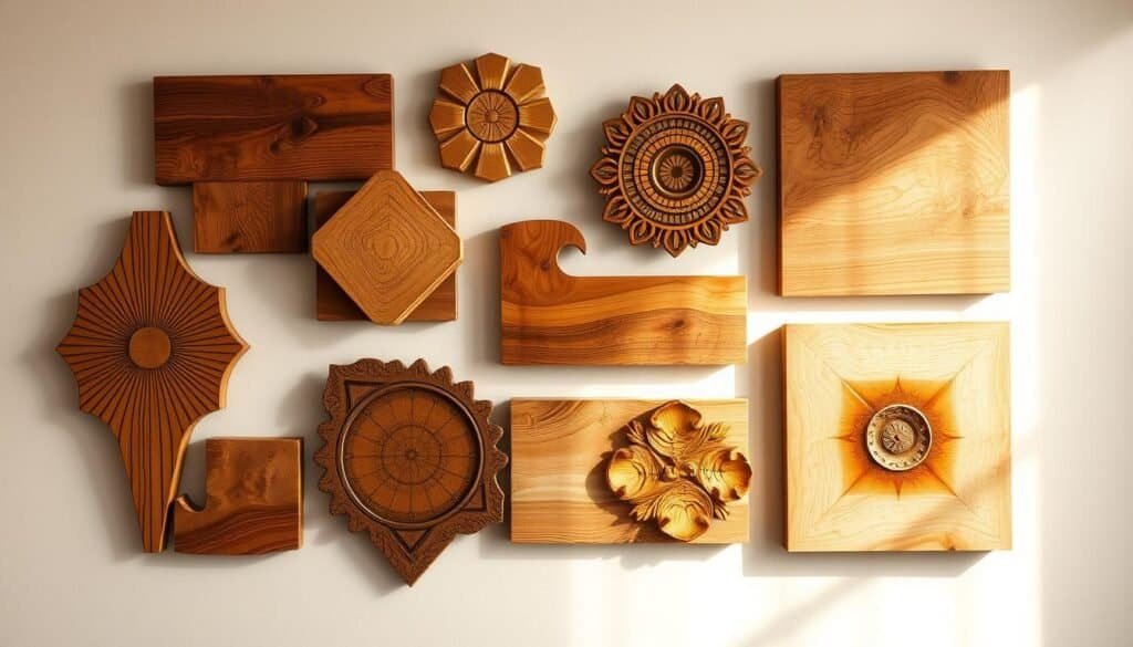 Rustic wooden wall art pieces, expertly crafted with intricate patterns and textures. A warm, earthy composition with natural wood tones and subtle variations. Diffused lighting casts gentle shadows, accentuating the depth and dimension of the designs. The arrangement features a mix of geometric shapes, organic forms, and minimalist silhouettes, all seamlessly integrated to create a harmonious and visually striking display. Placed against a neutral background, the wooden wall art stands out as the focal point, inviting viewers to appreciate the skilled craftsmanship and appreciate the beauty of natural materials. An ideal blend of function and aesthetic, this image captures the essence of handmade, personalized wall decor.