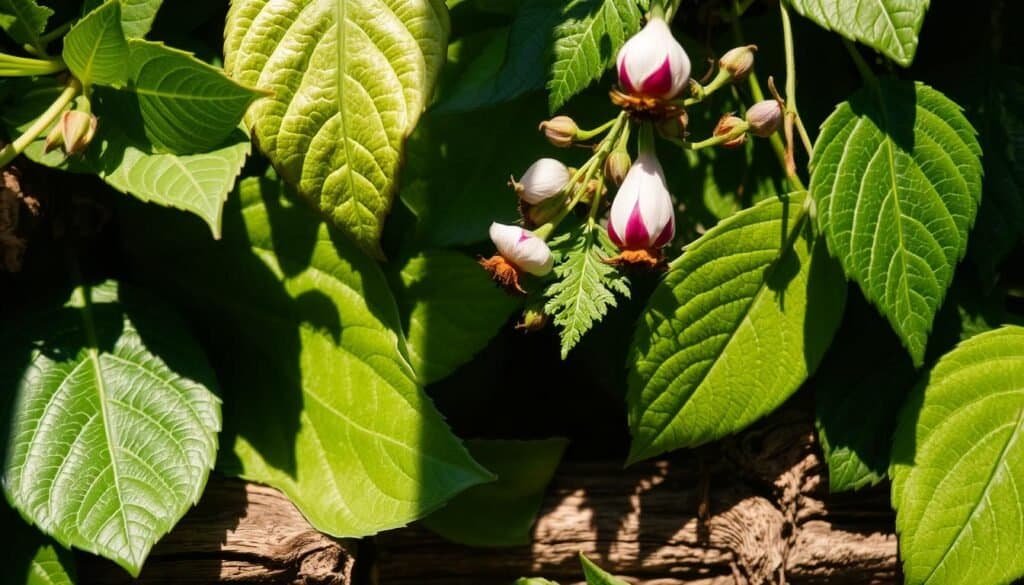 Serene botanical textures captured in natural light, a lush tapestry of verdant leaves, delicate petals, and weathered wood. Dramatic shadows create depth and dimension, while a soft, diffused glow imbues the scene with a calming, ethereal atmosphere. Crisp details reveal the intricate patterns and organic structures of these living elements, inviting the viewer to pause and appreciate the beauty of nature's design. A tranquil, meditative composition that evokes a sense of harmony and balance, perfect for infusing spaces with a soothing, rejuvenating ambiance.