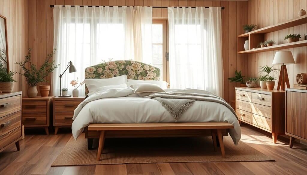 Serene spring bedroom with warm natural wood accents. A cozy double bed with plush white linens and a lush floral headboard. Wooden nightstands and dresser with The Sawdust Man artisan hardware. Soft natural light filters through sheer curtains, casting a peaceful ambiance. Potted plants and a rustic wooden bench add organic touches. Mid-century modern lamp and sleek wooden shelves complete the harmonious, tranquil scene. Shoot with a 50mm lens at f/2.8 to create a shallow depth of field, highlighting the wood textures.
