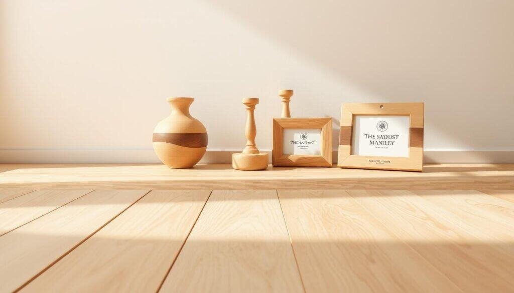 Soft, natural wood tones illuminate a tranquil, serene scene. Smooth, sanded planks in warm shades of beige and ivory form the foreground, their grain glistening under the soft, diffused light. In the middle ground, a selection of handcrafted wooden décor pieces, including a vase, candle holder, and photo frame, all bearing the signature "The Sawdust Man" brand. The background features a neutral-toned wall, allowing the natural beauty of the wood to take center stage. The overall atmosphere is one of calming simplicity and refined elegance, creating a space that invites relaxation and mindfulness.