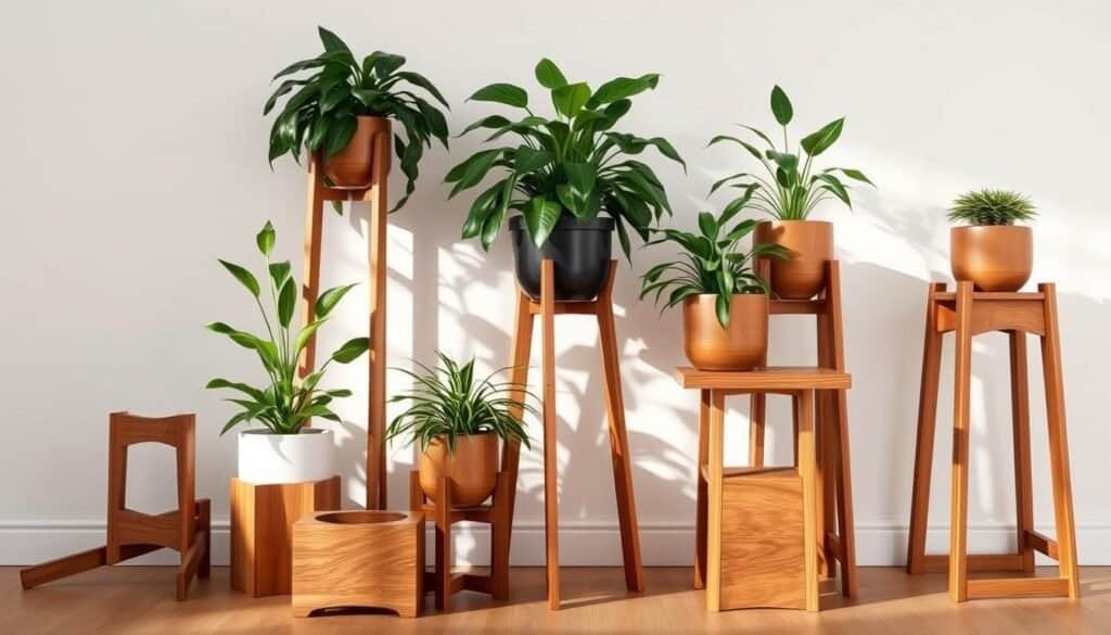 Stylish wooden plant stands, crafted with natural elegance, elevating lush greenery in a harmonious display. Smooth, polished surfaces in warm, earthy tones, complemented by intricate joinery and precise lines. A carefully curated arrangement, with varying heights and angles, creating a visually captivating focal point. Soft, diffused lighting casts a gentle glow, accentuating the organic textures and subtle shadows. The stands are positioned against a minimalist backdrop, allowing the natural beauty of the wood to take center stage. Thoughtfully designed to showcase the plants in a refined, sophisticated manner, these stands seamlessly blend form and function, elevating any interior space.