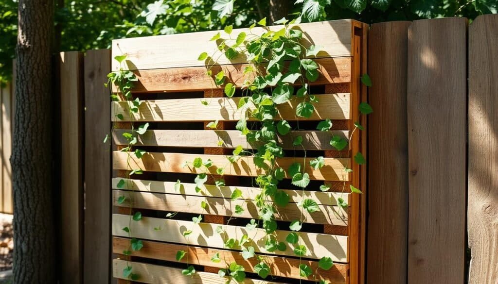 Vertical garden constructed from reclaimed wooden pallets, standing tall against a natural backdrop. Earthy tones and weathered textures create a rustic, organic aesthetic. Lush, trailing vines cascade down the angled slats, adding pops of verdant greenery. Dappled sunlight filters through the arrangement, casting gentle shadows and highlights. The pallet design showcases efficient, space-saving vertical gardening, perfect for small spaces. A practical and visually striking project to transform a bare wall or forgotten corner into a verdant oasis.