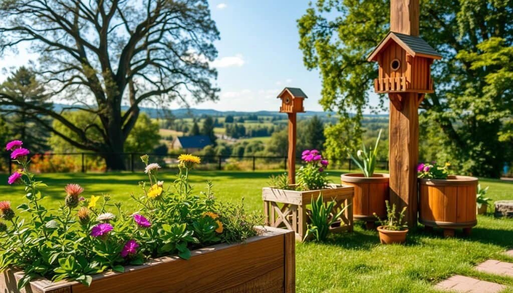 Vibrant outdoor DIY accents adorning a lush, verdant yard. In the foreground, handcrafted wooden planters overflowing with thriving greenery and colorful blooms. A rustic outdoor bench nestled amidst the greenery, its weathered surface inviting visitors to pause and savor the serene ambiance. In the middle ground, a whimsical birdhouse perched atop a sturdy wooden post, its intricate design blending seamlessly with the natural surroundings. The background features a picturesque landscape, with towering trees casting dappled shadows and a clear blue sky overhead, creating a sense of tranquility and connection with nature. Warm, soft lighting accentuates the organic textures and vibrant hues, evoking a cozy, inviting atmosphere perfect for a relaxing DIY outdoor retreat.