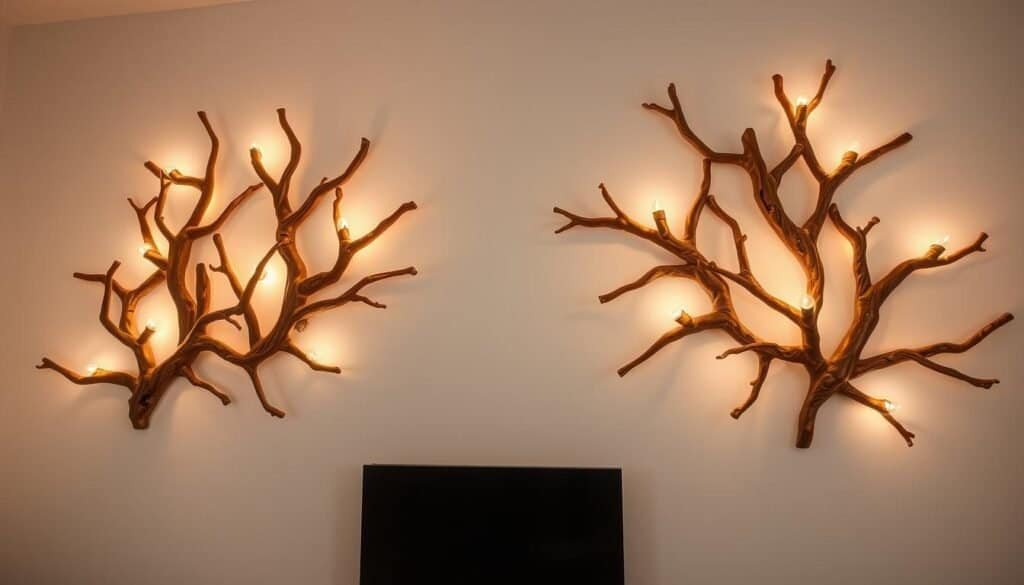 Warm, ambient lighting emanating from a captivating natural branch wall light installation. Carved and polished wooden branches gracefully arranged to create a stunning focal point. Soft, diffused illumination casts a cozy glow, highlighting the natural texture and grain of the wood. Meticulously crafted, the lights blend seamlessly with the surrounding decor, adding a touch of rustic elegance to the space. Capturing the essence of the "Lighting and Wood: A Perfect Combination" theme, this image exudes a sense of harmony and invites the viewer to experience the beauty of natural materials in a modern interior setting.