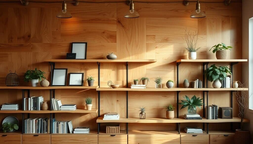Warm and inviting natural wood shelving, crafted with intricate grains and a rustic charm. A well-lit display of artfully arranged decorative items, books, and plants, casting gentle shadows on the wooden surfaces. Soft, diffused lighting from overhead fixtures highlights the depth and texture of the high-quality timber. The shelves are positioned in a cozy, welcoming room setting, complemented by earthy tones and natural accents that create a sense of organic harmony. A captivating scene that embodies the beauty and functionality of sustainably sourced wooden furnishings.