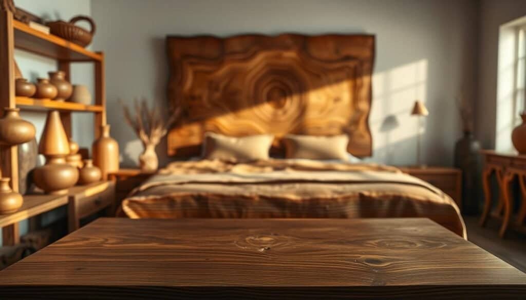 Warm and rustic natural wood decor, showcasing a meticulously crafted display of handcrafted wooden pieces. In the foreground, a beautifully grained wooden shelf holds an array of decorative elements, from smooth wooden vases to intricate carved figurines. The middle ground features a large, sturdy wooden table, its surface subtly weathered, creating a sense of timeless charm. Soft, diffused lighting casts gentle shadows, highlighting the natural textures and grain of the wood. In the background, a wall adorned with a stunning wooden headboard or wall panel, its intricate patterns and tones adding depth and character to the serene, cozy bedroom setting. The overall atmosphere evokes a sense of warmth, comfort, and a connection to the natural world.
