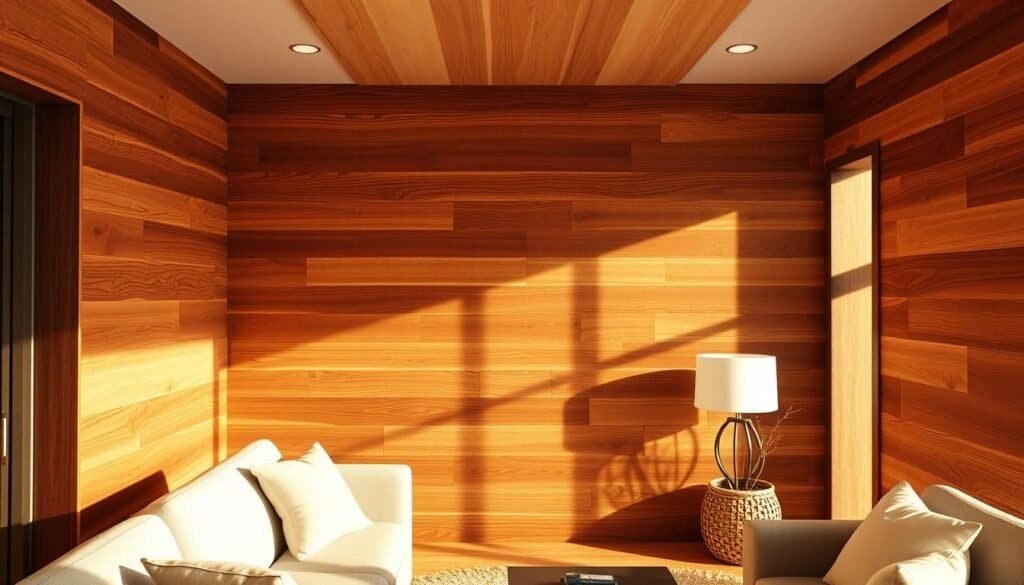 Warm, inviting wood accent walls bathed in soft, natural lighting. A stunning focal point, the smooth, textured wood panels create a cozy, rustic ambiance. Careful attention to grain patterns and tones, with hints of knots and imperfections that add character. The walls seamlessly integrate with the surrounding decor, complementing neutral furnishings and decor elements. A mid-shot perspective showcases the wood's depth and dimension, while an angled camera angle accentuates the inviting, lived-in feel of the space. An overall atmospheric, homey mood that instantly conveys the transformative power of wood accent walls.