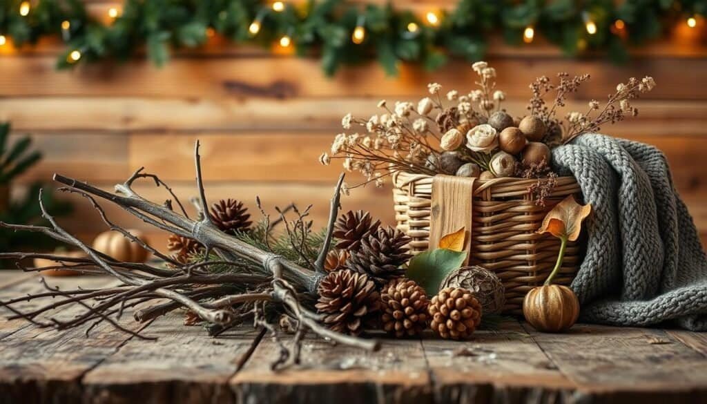 Warm-lit, rustic seasonal vignette showcasing an assortment of natural textures and earthy tones. In the foreground, a rough-hewn wooden table holds an array of autumnal elements - gnarled branches, pinecones, and a cozy knitted throw. Midground features a textured woven basket brimming with dried flowers and foliage. Behind, a wall of reclaimed wood planks creates a rustic backdrop, with hints of evergreen garland and twinkling fairy lights adding a festive touch. Soft, diffused lighting casts a comforting glow, evoking a sense of rustic charm and seasonal charm. Composition favors a close, intimate perspective to highlight the artful arrangement of natural materials.