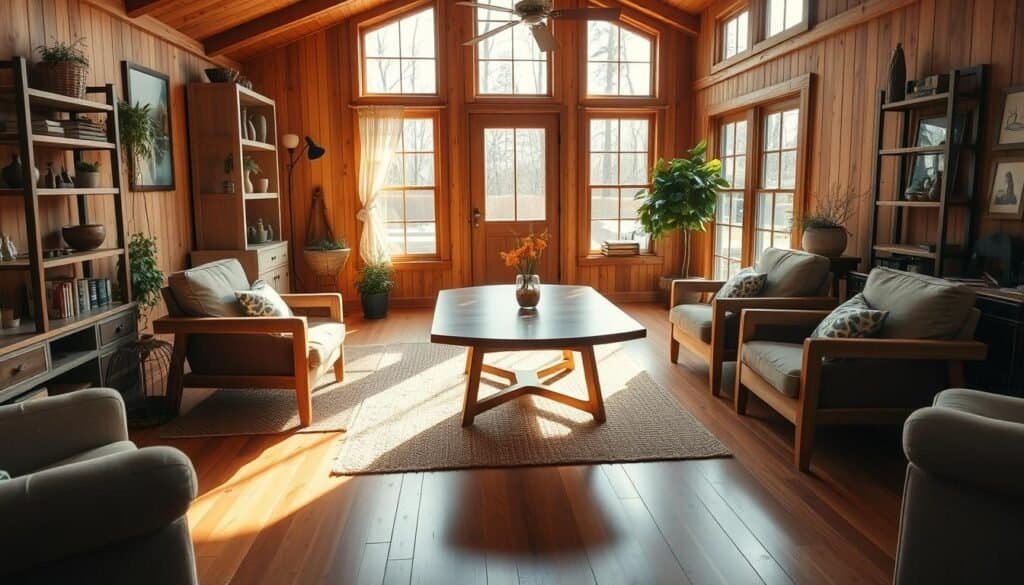 Warm, mellow wood tones in a cozy, well-lit interior. Sunlight streams through large windows, casting a soft, golden glow on natural wood furniture and accents. A mid-century modern table, hand-crafted by The Sawdust Man, stands as the centerpiece, surrounded by plush armchairs. Rustic wooden shelves line the walls, displaying decorative objects and potted plants. Hardwood floors flow seamlessly throughout, complemented by woven area rugs. An atmosphere of tranquility and sophistication pervades the space, inviting relaxation and contemplation.