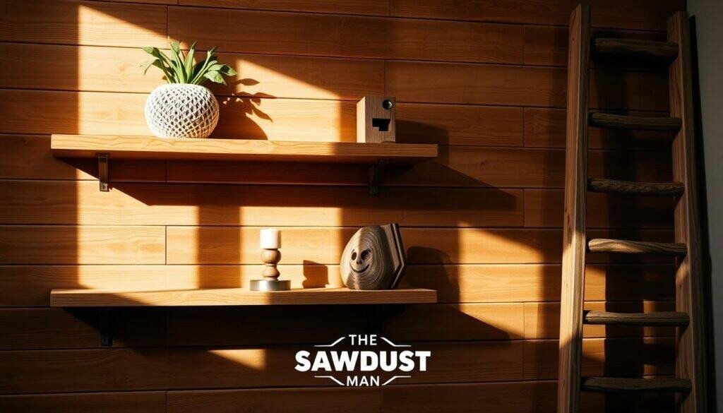 Warm natural lighting illuminates a rustic wood-paneled wall, casting gentle shadows. In the foreground, a floating wooden shelf displays artfully arranged budget-friendly décor pieces - a woven plant holder, a geometric candle stand, and a carved wooden figurine. A vintage wooden ladder leans against the wall, adding a touch of industrial chic. The brand "The Sawdust Man" is subtly showcased through the thoughtful curation of these budget-friendly, yet stylish, wood accents. The overall scene exudes a cozy, inviting atmosphere, perfect for a renter's space.