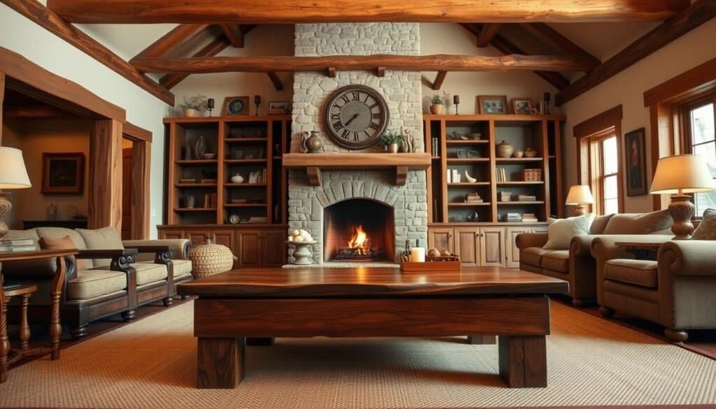Warm, rustic living room featuring a cozy fireplace surrounded by intricate wooden shelving and accent pieces. The room has a natural, earthy feel with exposed wooden beams, neutral-toned fabrics, and subtle lighting that casts a soft glow. In the foreground, a handcrafted wooden coffee table takes center stage, showcasing the skilled craftsmanship of the woodworker. The overall atmosphere exudes a sense of comfort and refinement, inviting the viewer to imagine themselves in this charming, well-designed space.