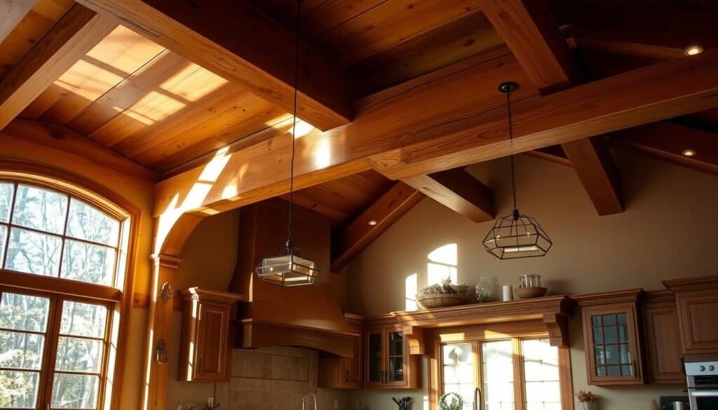 Warm, rustic wooden ceiling beams, natural grain and knots visible, cast soft shadows across a cozy kitchen. Sunlight filters in through large windows, illuminating the intricate architectural details. The Sawdust Man's skilled craftsmanship is showcased in the smooth, hand-hewn timber, complementing the room's inviting atmosphere. Subtle lighting fixtures cast a gentle glow, creating a harmonious blend of modern and traditional elements. Shades of brown, tan, and amber tones dominate the scene, evoking a sense of comfort and homeliness. An elegant, yet practical space that seamlessly integrates the beauty of natural wood into the heart of the kitchen.