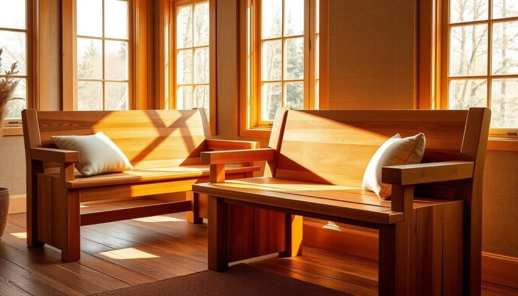 Wooden benches, crafted with warm, natural tones, stand as inviting focal points in a cozy living space. Sunlight filters through large windows, casting a golden glow on the smooth, sanded surfaces. The benches are positioned against a backdrop of earthy, textured walls, complementing the rustic elegance. Soft, plush cushions invite guests to sink in and relax, while the clean lines and solid construction exude a sense of timeless style. The scene evokes a sense of tranquility and refined comfort, perfect for a living room seeking to showcase the beauty of natural wood accents.