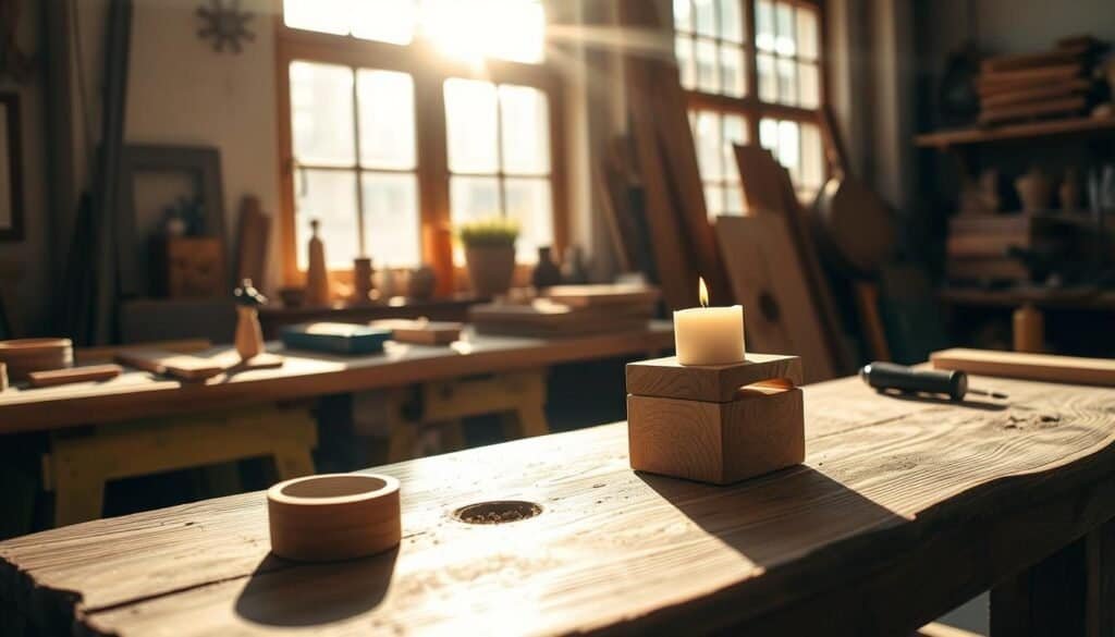 Wooden candle holder being crafted on a rustic workbench in a bright, airy workshop. Sunlight streams through large windows, casting warm, natural light on the scene. Close-up view shows the process of carefully sanding and shaping the wood, with various woodworking tools visible. The finished piece features a simple, minimalist design with a smooth, natural grain. The overall atmosphere is one of focus, creativity, and a sense of satisfaction in the small, handmade project.