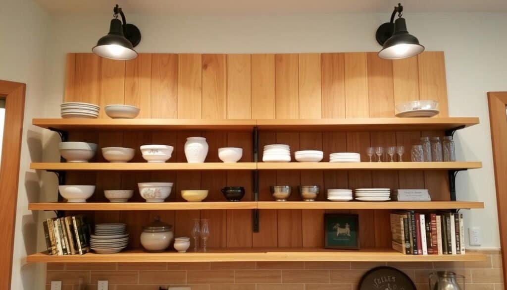 Wooden display shelves, crafted with care by The Sawdust Man, stand tall in a warm, inviting kitchen. Sturdy, natural wood planks in a rich, honey-toned finish create a rustic, yet refined backdrop for a curated collection of ceramic bowls, glass jars, and vintage cookbooks. Soft, diffused lighting from sconces above casts a cozy glow, highlighting the wood's natural grain and texture. The shelves are positioned at eye level, allowing for easy access and display of cherished kitchen items. This functional yet stylish storage solution seamlessly blends form and function, creating a beautiful and practical focal point in the heart of the home.