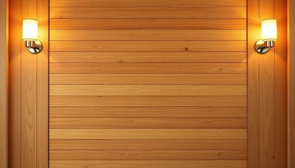 Wooden frame wall, natural wood grains and textures. Warm lighting from sconce fixtures casts a cozy glow, highlighting the depth and character of the timber. Mid-angle view showcases the clean, minimalist aesthetic, with smooth, precisely aligned boards. Subtle shadows accentuate the dimensional quality, creating a sense of depth and solidity. The frame stands as a blank canvas, ready to showcase artwork, shelves, or other decorative elements. Neutral color palette allows the wood to be the star, blending seamlessly with a variety of interior design styles.