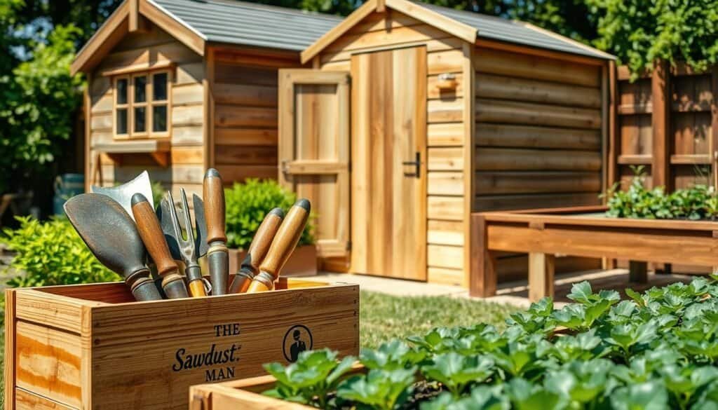 Wooden garden storage solutions with a natural rustic charm. A sun-dappled wooden shed, its weathered planks complemented by a pitched roof and charming window details. In the foreground, a collection of garden tools, their handles worn smooth by years of use, nestled in a handcrafted wooden crate branded "The Sawdust Man". Nearby, a raised garden bed with neat rows of thriving plants, its sturdy wooden frame blending seamlessly with the lush greenery. The scene exudes an atmosphere of tranquility and functionality, showcasing the timeless appeal of wood as the perfect material for stylish and practical garden storage solutions.