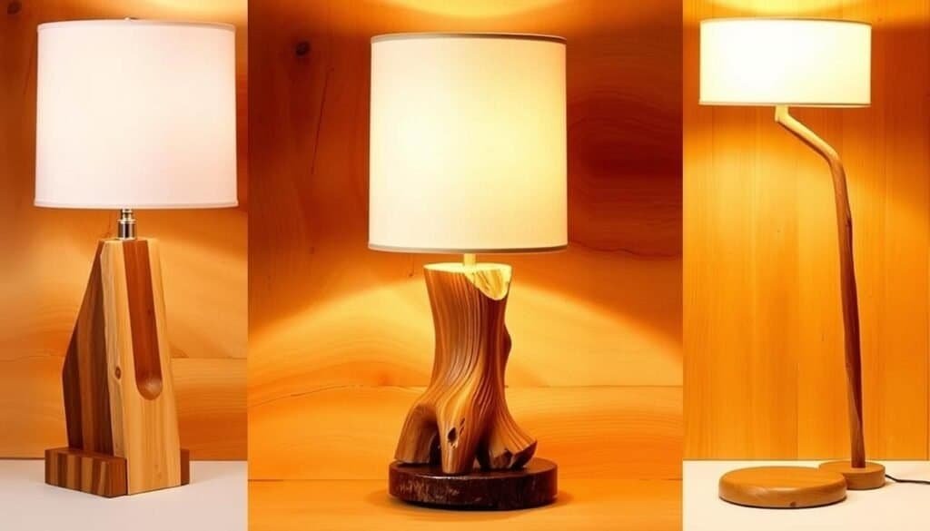 Wooden lamp designs, featuring a collection of rustic, handcrafted lamps against a warm, natural backdrop. A centerpiece lamp with a carved wooden base and a simple, cylindrical shade casts a soft glow, surrounded by complementary designs – a table lamp with a geometric, angular base, and a floor lamp with a sleek, minimalist stem. Warm lighting illuminates the rich, textured wood grain, creating a cozy, inviting atmosphere. Photographed in a well-lit studio setting, capturing the artisanal charm and DIY potential of these affordable, customizable wooden lamp designs.