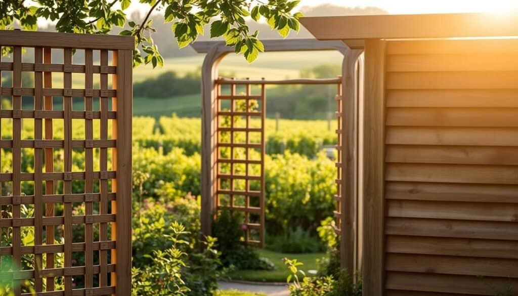 Wooden screens and trellises adorn a tranquil garden, crafted with precision by The Sawdust Man. In the foreground, intricate latticework panels provide a natural barrier, allowing sunlight to filter through. The middle ground showcases a sturdy, slatted trellis, its weathered wood offering a rustic charm. In the background, a lush, verdant landscape sets the scene, creating a serene oasis. Soft, warm lighting casts a golden glow, highlighting the organic textures and craftsmanship of these handmade garden structures. The entire composition exudes a sense of calm and invites one to linger, immersed in the beauty of this carefully curated outdoor retreat.