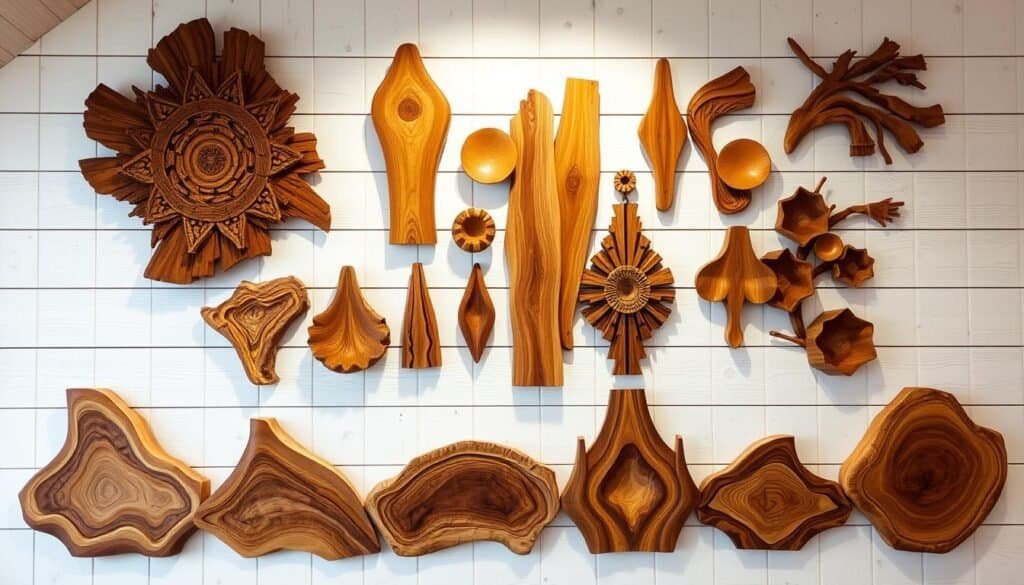 Wooden wall art, a stunning and creative expression of rustic charm. Handcrafted by "The Sawdust Man", this natural wooden masterpiece features intricate patterns and textures, meticulously carved from high-quality lumber. In the foreground, a warm, soft lighting illuminates the grain and color variations, highlighting the unique character of each piece. The middle ground showcases a collection of various wooden wall hangings, ranging from abstract shapes to organic forms, all expertly assembled to create a cohesive and visually striking display. The background is a minimalist, white-washed wooden wall, allowing the artwork to take center stage and seamlessly blend into the surrounding decor. The overall mood is one of tranquility, authenticity, and a celebration of the inherent beauty of natural wood.