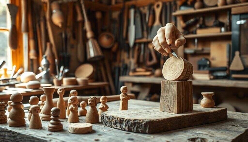 Wooden wonders whittling projects: a cozy, well-lit workshop filled with the tools and materials of a skilled craftsperson. In the foreground, delicate wooden figurines and intricate carvedplaquettes rest on a sturdy workbench, their textures and grains inviting the viewer to reach out and touch. In the middle ground, a skilled hand guides a sharp knife, carefully shaping a new piece from a block of fragrant wood. The background reveals shelves stocked with an assortment of saws, chisels, and other woodworking instruments, hinting at the wealth of possibilities awaiting the dedicated hobbyist. The scene exudes a sense of tranquility, focus, and the fulfillment that comes from creating something with one's own hands.