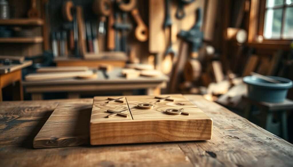 a beautifully crafted wooden tic-tac-toe board resting on a rustic wooden table. The board features a natural finish with intricate grain patterns, showcasing hand-carved X and O pieces made from a contrasting wood. In the foreground, the tic-tac-toe board is centered, with a few playful moves already made. In the middle ground, soft, diffused sunlight filters through a nearby window, casting gentle shadows and illuminating the board’s textures. The background is a blurred, cozy workshop filled with various woodworking tools and wooden scraps, suggesting a creative environment. The mood is warm and inviting, invoking a sense of relaxation and focus, perfect for a DIY project.
