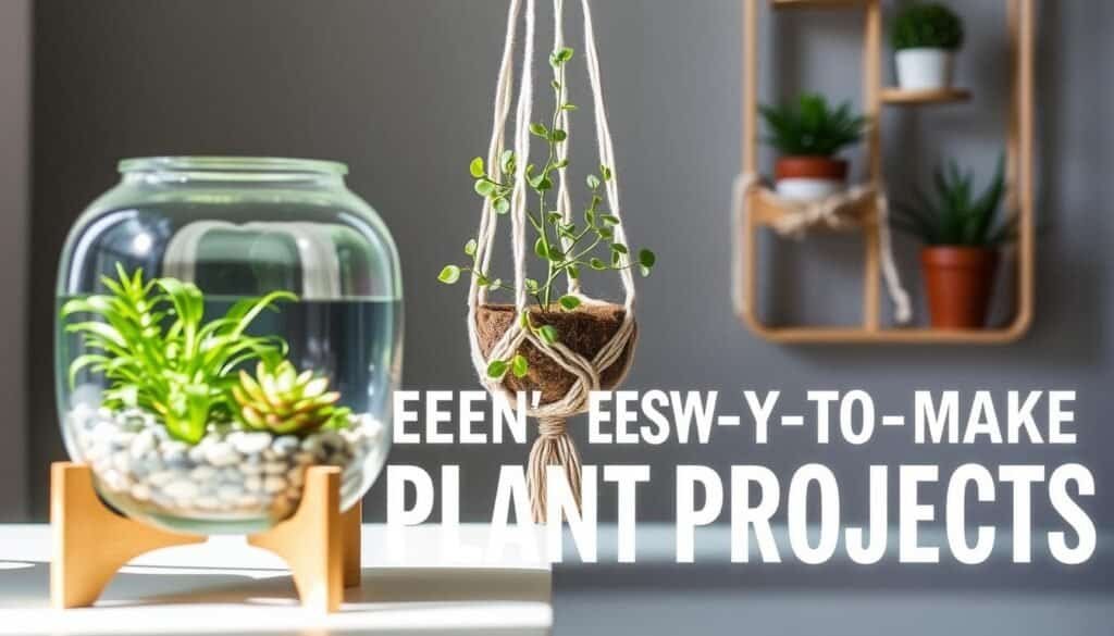 a beautifully lit close-up photograph of a collection of simple, easy-to-make plant projects for a home interior. in the foreground, a modern terrarium with lush green foliage and small stones, framed by a minimalist, wooden stand. in the middle ground, a hanging macrame planter with trailing vines and a small succulent. in the background, a wall-mounted, modular plant holder with a few potted plants of varying sizes and shapes. the lighting is soft and natural, highlighting the organic textures and vibrant colors of the plants. the overall composition is clean, balanced, and showcases the simplicity and beauty of these low-maintenance, decorative plant projects.