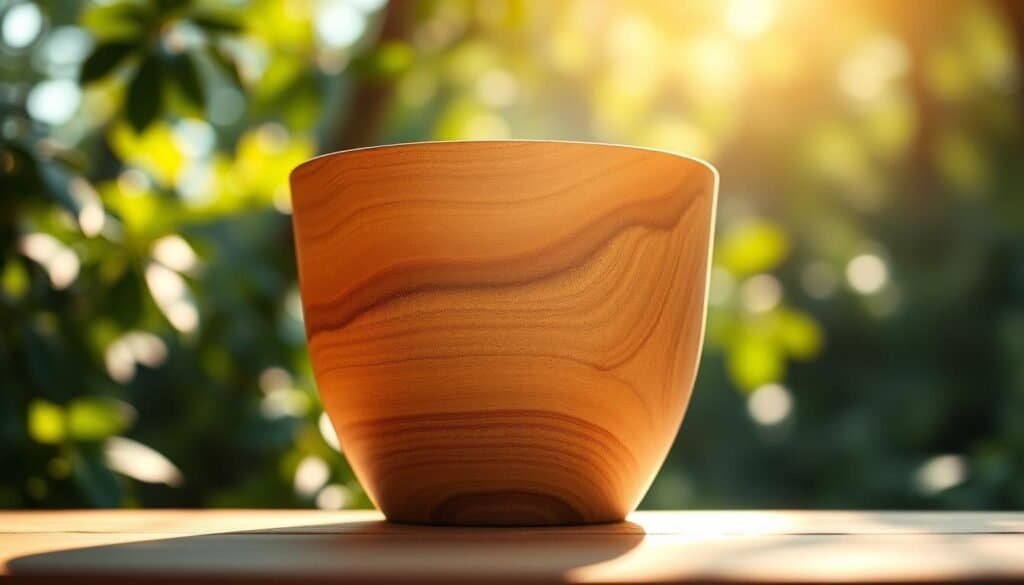 a highly detailed, realistic, macro photograph of an eco-friendly wooden plant pot with a natural, textured surface and a subtle grain pattern, set against a soft, blurred natural background with lush greenery and dappled sunlight filtering through. The pot is positioned on a smooth, wooden surface, casting a natural shadow. The lighting is warm and natural, with a slightly diffused, soft-focus effect, emphasizing the organic, handcrafted quality of the design. The overall composition conveys a sense of tranquility, sustainability, and a connection to nature.