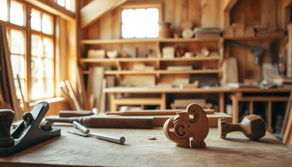 a simple yet elegant wooden workshop interior, with natural lighting streaming in through large windows. On the workbench, a variety of handtools are neatly arranged, including a smoothing plane, chisels, and a mallet. In the foreground, a small but intricate wooden carving project is in progress, showcasing the delicate techniques of shaping and finishing the material. The background features shelves stocked with various wood types and project materials, hinting at the diverse possibilities for crafting. The overall atmosphere is one of focused creativity and the satisfaction of working with one's hands to create something from scratch.