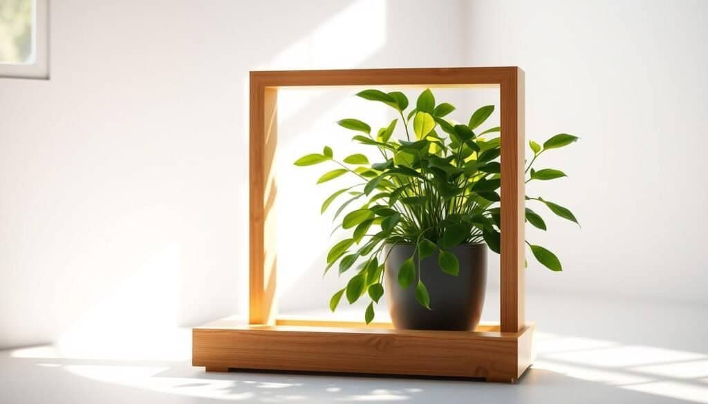 a wooden plant display with a natural, organic aesthetic. a rectangular wooden frame with a sleek, minimalist design, showcasing a lush, thriving potted plant. the wood has a warm, honey-toned finish, complementing the verdant foliage. the display is positioned in a bright, airy room, with soft, diffused lighting from a nearby window casting gentle shadows. the plant's leaves gently sway, creating a serene, calming atmosphere. the overall composition exudes a sense of harmony and balance, perfectly blending nature and modern design.