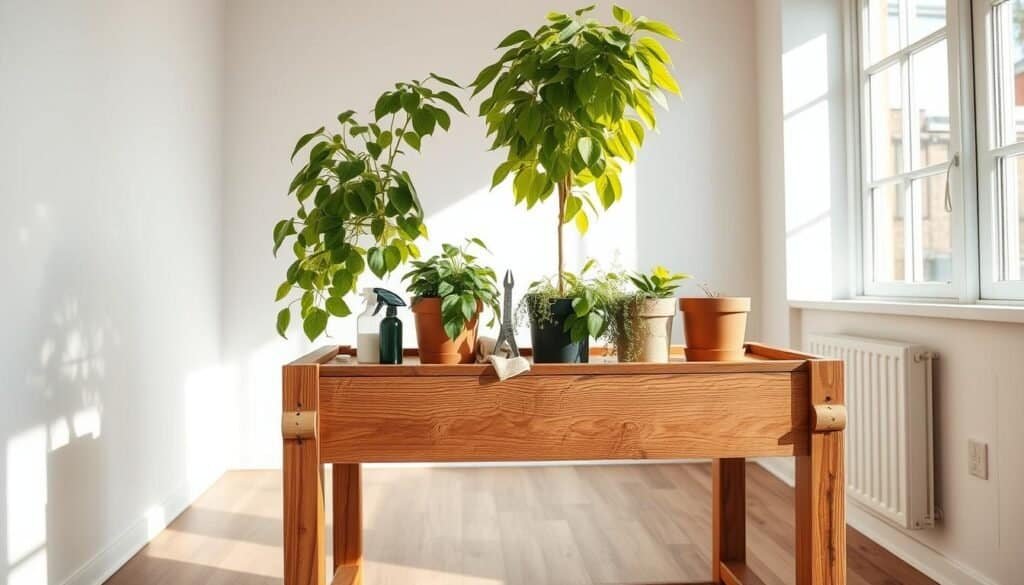a wooden plant stand in a bright, airy room with large windows, natural light streaming in, casting warm shadows across the textured wood surface. The stand holds several potted plants, their vibrant green leaves cascading over the edges. A small pruning tool, a spray bottle, and a soft cloth rest on the stand, suggesting a recent maintenance session. The room is minimalist and clean, with white walls and wooden floors, allowing the natural beauty of the plant stand to take center stage. The camera captures the scene from a slightly elevated angle, showcasing the intricate grain and craftsmanship of the wooden stand.