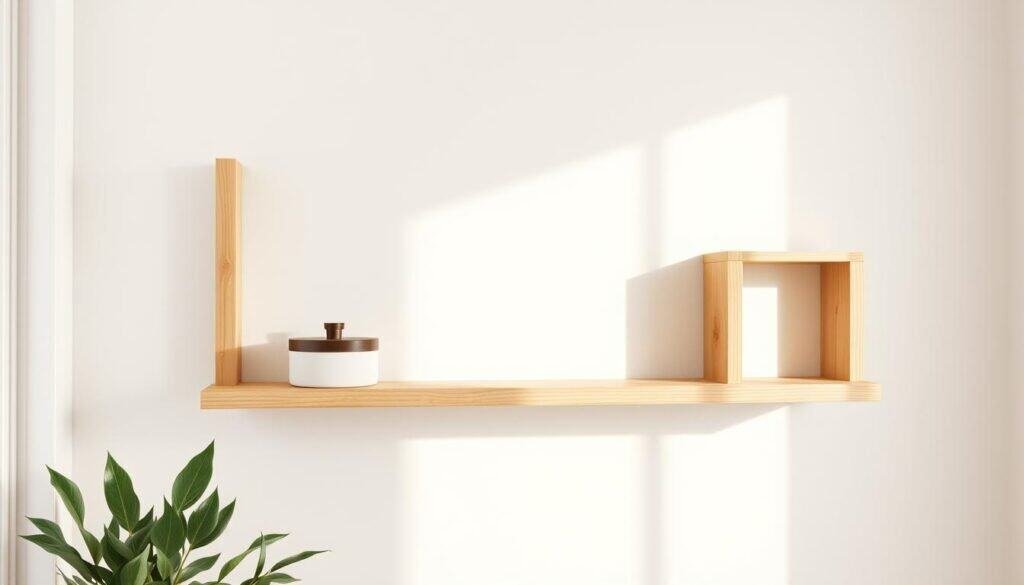 high-detailed, realistic 3D render of DIY light wood floating shelves, minimalist style, with natural wood grain and imperfections, mounted on a white wall, shot with a wide-angle lens, warm natural lighting from a window, gentle shadows, soft focus in the background, clean and simple composition, showcasing the natural beauty and craftsmanship of the handmade shelves