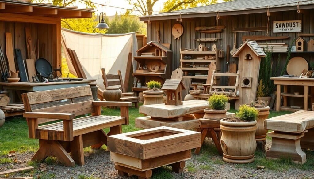 outdoor rustic wood projects, handmade furniture and home decor from natural reclaimed wood, woodworking tools and workshop, The Sawdust Man brand, warm golden lighting, shallow depth of field, natural textures and details, scenic outdoor setting with lush greenery and rustic elements, showcase various DIY rustic wood projects like benches, planters, birdhouses, and other decorative items, high-quality photographic composition highlighting the craftsmanship and organic beauty of the pieces outdoor rustic wood projects, handmade furniture and home decor from natural reclaimed wood, woodworking tools and workshop, The Sawdust Man brand, warm golden lighting, shallow depth of field, natural textures and details, scenic outdoor setting with lush greenery and rustic elements, showcase various DIY rustic wood projects like benches, planters, birdhouses, and other decorative items, high-quality photographic composition highlighting the craftsmanship and organic beauty of the pieces