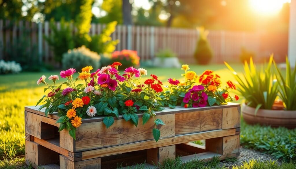A beautifully arranged DIY pallet planter based in a lush backyard setting. In the foreground, the pallet planter is brimming with vibrant flowers such as petunias and marigolds, showcasing different colors. The pallet is rustic, with visible wood grain and a weathered look, suggesting it’s handcrafted from reclaimed wood. In the middle ground, lush green grass and a few ornamental shrubs create a cozy atmosphere. The background features a softly blurred, sunlit garden fence and a few trees, adding depth. The scene is illuminated by warm, golden-hour sunlight, casting gentle shadows and highlighting the textures of the wood and plants. The overall mood is inviting and cheerful, evoking a sense of tranquility and connection with nature.