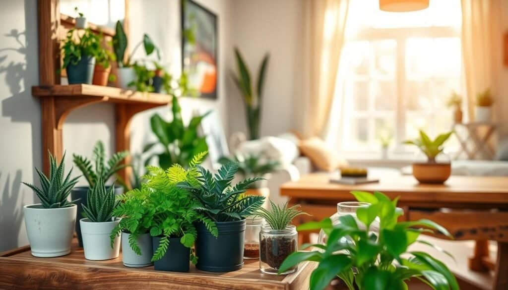 A beautifully arranged DIY setup featuring a combination of lush green plants and elegantly crafted wooden details. In the foreground, a rustic wooden shelf displays various indoor plants in stylish pots, ranging from ferns to succulents. The middle ground showcases a cozy, sunlit living space, with a wooden table adorned with small plant terrariums and a carved wooden planter. In the background, light streams through a large window, casting soft shadows and illuminating the natural textures of wood and foliage. The atmosphere is warm and inviting, embodying a refreshing, serene vibe that enhances any room. The image should be captured with a shallow depth of field, emphasizing the vibrant greenery and the intricate wood grain, creating a harmonious blend of nature and craftsmanship.