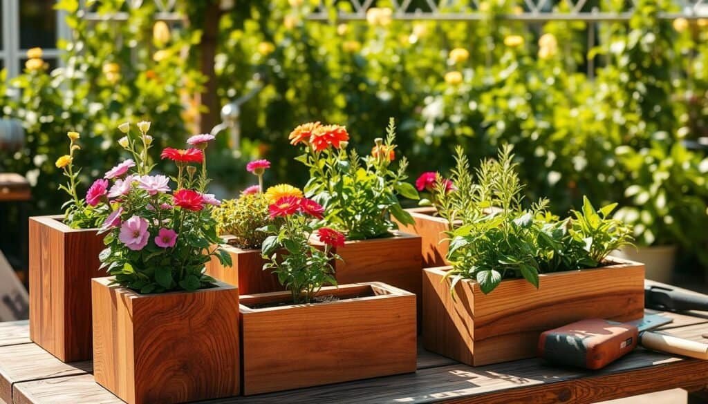 A beautifully arranged array of DIY wooden planters showcased in a sunlit outdoor setting. In the foreground, several planters made of rich, textured wood, filled with vibrant flowering plants and fresh herbs. The middle ground features a rustic wooden table with tools and materials like a saw and sandpaper, hinting at the crafting process. In the background, a lush garden filled with greenery softly blurred to give a sense of depth. The lighting is warm and inviting, casting gentle shadows that enhance the natural grain of the wood. The atmosphere is cheerful and inspiring, evoking the joy of adding handmade accents to outdoor spaces. Shot from a slightly elevated angle to capture all elements harmoniously.