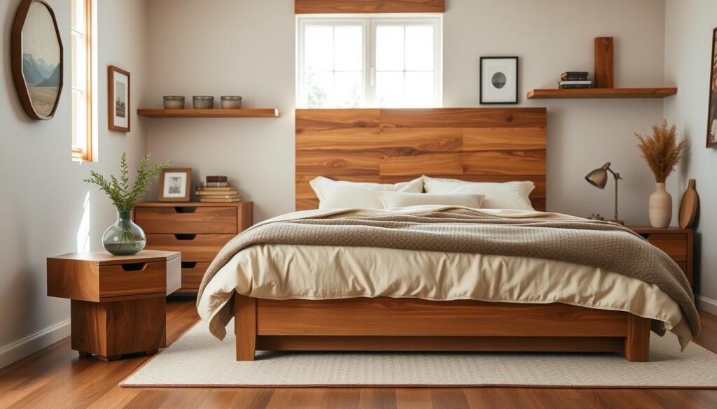 A beautifully arranged bedroom showcasing various wood types for decor, with a focus on rich oak, warm walnut, and light birch. In the foreground, a stylish bedside table made from reclaimed wood, adorned with a simple vase of fresh greenery. The middle of the scene features a cozy bed dressed in soft, neutral linens, with a headboard made from intricate cedar planks. In the background, a window casts soft, natural light into the room, creating a serene atmosphere. The walls are decorated with wooden accents and shelves displaying tasteful décor items. The overall mood is inviting and calming, emphasizing the beauty of natural wood textures and earthy tones, with an emphasis on warmth and comfort. Realistic home décor and woodworking photos. No overlays, logos, watermarks, or promotional text.
