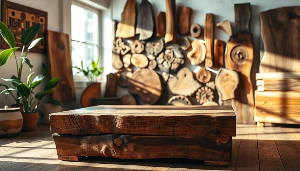A beautifully arranged collection of reclaimed wood pieces showcasing their unique textures, colors, and grain patterns. In the foreground, a rustic coffee table made from aged barn wood, featuring visible knots and a rich patina. In the middle, a vibrant assortment of wooden wall art displaying various reclaimed wood profiles, with intricate carvings and natural finishes. The background features a softly lit room with plants, casting gentle shadows to create a warm, inviting atmosphere. Natural sunlight filters through a nearby window, highlighting the wood's rustic charm. Use a shallow depth of field to emphasize the details of the wood while keeping the background slightly blurred. Aim for a serene and eco-friendly mood, capturing the essence of sustainable home décor.