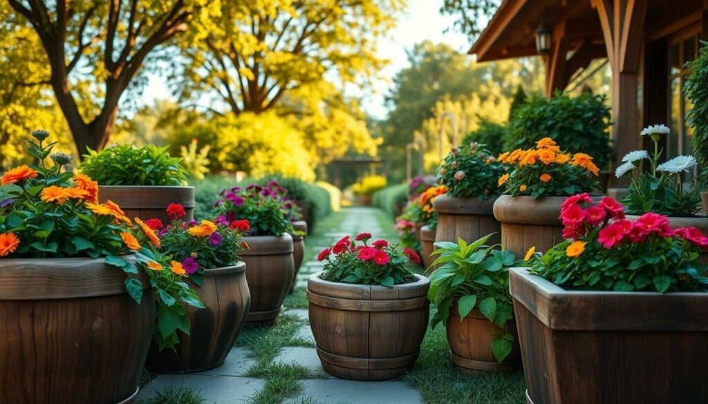 A beautifully arranged collection of rustic wooden planters showcasing vibrant greenery in a serene garden setting. In the foreground, several finely crafted wooden planters of varying shapes and sizes overflow with colorful flowering plants, such as petunias and marigolds. The middle ground features an inviting garden path bordered by lush foliage, while the background presents a softly blurred view of leafy trees and a clear blue sky, diffusing warm golden sunlight. The composition highlights the natural grain of the wood, emphasizing its imperfections and charm, evoking a warm, welcoming atmosphere. Capture this scene from a slightly elevated angle to enhance depth, ensuring the focus remains on the intricate textures of the planters while creating a tranquil garden vibe.
