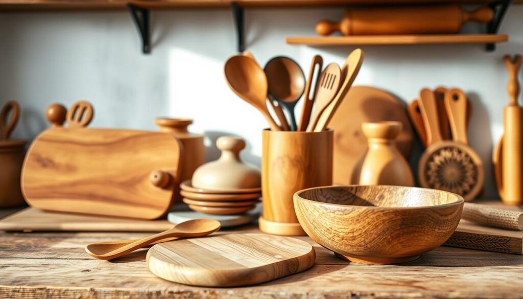 A beautifully arranged collection of wooden kitchen accessories on a rustic wooden countertop. In the foreground, showcase a hand-carved wooden cutting board, a set of smooth wooden spoons, and a slightly textured salad bowl. The middle ground features a stylish wooden utensil holder filled with various cooking tools like spatulas and tongs. In the background, softly lit shelves displaying wooden canisters, a rolling pin, and decorative wooden trivets. The warm tones of the wood evoke a cozy atmosphere, complemented by gentle, natural lighting from a nearby window, casting soft shadows. Capture the image from a slightly elevated angle to emphasize the textures and details. The scene should feel inviting and vibrant, embodying warmth and charm.