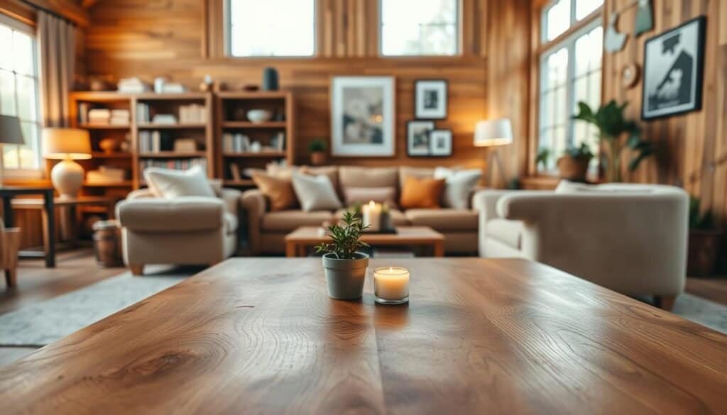 A beautifully arranged cozy living room showcasing the transformative power of wood in home decor. In the foreground, a wooden coffee table with intricate grain patterns is adorned with a small potted plant and a softly glowing candle. In the middle, plush sofas with soft cushions in earthy tones create an inviting seating area, complemented by a rich wooden bookshelf filled with books and decorative items. The background features a warm, textured wooden wall with framed artwork, bathed in soft, natural light streaming through large windows. The ambiance is warm and inviting, evoking a sense of tranquility and comfort. The scene captures a harmonious blend of rustic charm and modern elegance, perfect for inspiring cozy decor ideas.