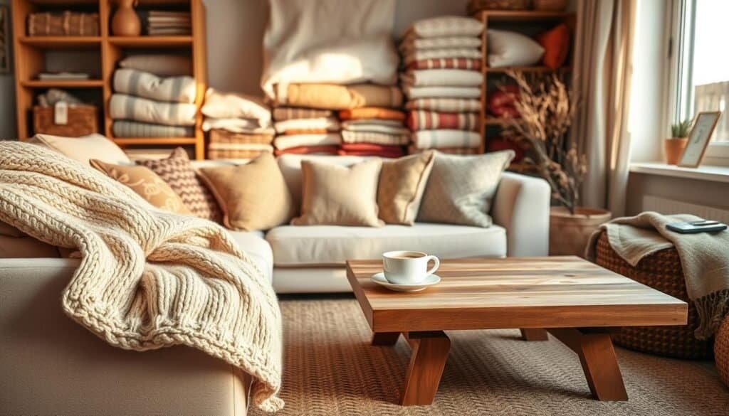 A beautifully arranged cozy living space showcasing a variety of textiles. In the foreground, a plump knitted throw blanket drapes elegantly over a soft pastel sofa. A collection of patterned cushions in earthy tones adds comfort and style. In the middle ground, a textured woven rug lies beneath a rustic wooden coffee table adorned with a steaming cup of cocoa. A warm glow from a nearby window bathes the scene in soft, golden light, enhancing the inviting atmosphere. In the background, shelves filled with soft linen fabric and vibrant patterned throws create a homely vibe. The overall mood is warm, inviting, and serene, perfect for illustrating comfort in home decor. The image is captured with a shallow depth of field to emphasize the textiles, utilizing natural light to enhance the textures.
