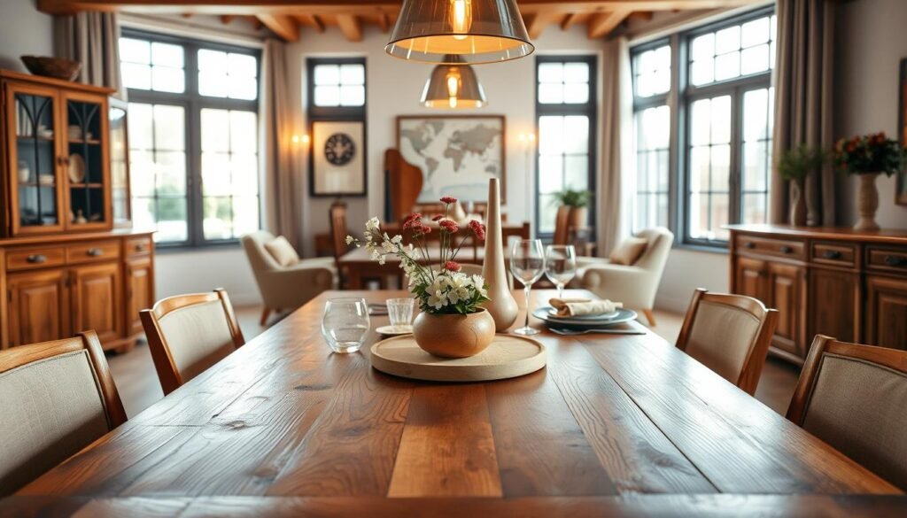 A beautifully arranged dining room featuring a set of elegant wooden dining furniture. In the foreground, a rustic wooden dining table with a rich grain finish and warm tones, surrounded by comfortable wooden chairs upholstered in soft fabric. The middle ground showcases a display of tasteful wooden decor pieces, such as a centerpiece of fresh flowers in a wooden vase and an inviting table setting with natural tableware. The background reveals a softly lit environment, illuminated by gentle pendant lights that cast a warm glow over the scene. Large windows allow natural light to pour in, highlighting the textures of the wood and creating a cozy atmosphere that invites family gatherings. The overall mood is warm and inviting, perfect for enhancing a dining area’s charm.