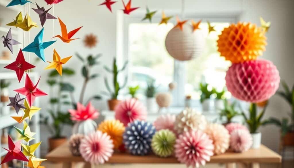 A beautifully arranged display of paper craft decorations, prominently featuring intricately folded origami figures like cranes and flowers in vibrant colors. In the foreground, a handcrafted paper garland made of colorful triangles and circles drapes gracefully. In the middle, a table is filled with various paper decorations including delicate paper lanterns and layered paper pom-poms, presented in soft, natural light to enhance their textures. The background features a cozy, well-lit living space with pastel-colored walls and house plants, creating a warm DIY atmosphere. The photo should capture a harmonious blend of creativity and skill, inviting viewers to appreciate the artistry of paper crafts. The lighting is soft and diffused, as if from a large window, creating a cheerful and inviting mood.